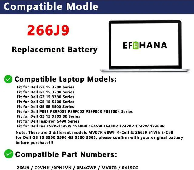 Alt view image 6 of 7 - 266J9 Battery Replacement for Dell G3 15 3500 3590 3790 G5 15 5500 SE 5505 P89F Inspiron 5490 INS 15PR-1545W 1548BR 1645W 1742BR 1742W Series 0415CG C9VNH 0PN1VN 0M4GWP MV07R 11.4V 51Wh 3 Cell