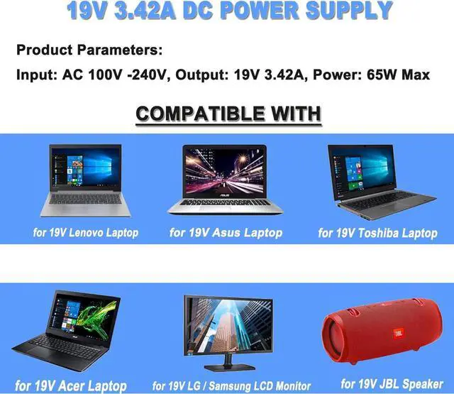 Alt view image 2 of 7 - TKDY 19V 3.42A Power Supply Laptop Charger, DC 19V Power Adapter Compatible with 19 Volts Asus Gateway Toshiba HP Laptop Computer Accessories LG Samsung Monitor JBL Speaker.