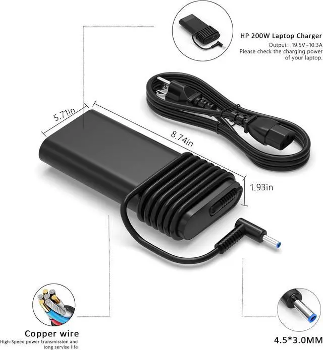 Alt view image 5 of 7 - High Power 200W Omen Charger Compatible with HP OMEN 15 17 HP Victus Gaming Laptop 15 17 ZBook 17 15 15u Studio G9 G10 17-ab 17-cd 16-a 16-ab 15-cb 15-dk 15-bc 15-ec 15-cx TPN-DA10 Power Cord
