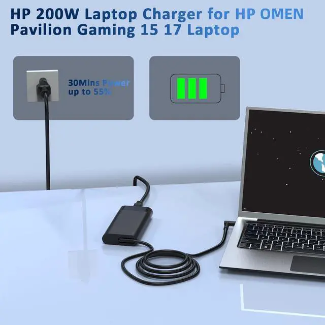 Alt view image 4 of 7 - High Power 200W Omen Charger Compatible with HP OMEN 15 17 HP Victus Gaming Laptop 15 17 ZBook 17 15 15u Studio G9 G10 17-ab 17-cd 16-a 16-ab 15-cb 15-dk 15-bc 15-ec 15-cx TPN-DA10 Power Cord