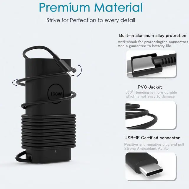 Alt view image 4 of 7 - 100W USB C PD3.0 Fast AI Laptop Charger Compatible with Dell Pro 14 13 16 Plus 2-in-1 / Dell Pro Rugged 14 13 Premium PA14250 PB16250 PA13250 Business Notebook AI PC Computer Power Adapter