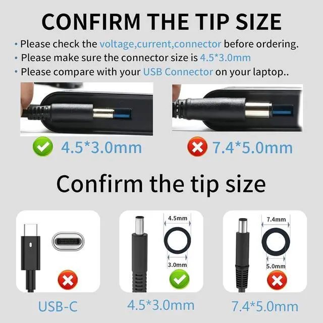 Alt view image 3 of 7 - 65W Laptop Charger Fit for Dell inspiron 13 14 15 17 3000 5000 7000 Series 3565 3567 3576 5558 5755 7212 7506 2in1 5555 5559 0G6J41 0MGJN9 19.5V 3.34A Tip 4.5mm Power Adapter (65W)