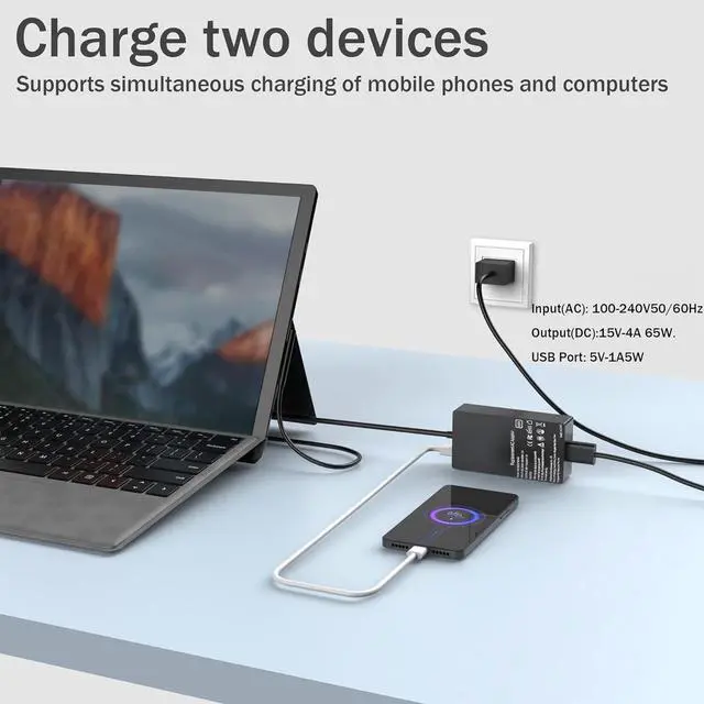 Alt view image 4 of 5 - 65W Surface Pro Laptop Charger for Microsoft Surface Pro 10, 9, 8, 7+, 7, 6, 5, 4, 3, X, Windows Surface Laptop 6, 5, 4, 3, 2, 1, Surface Go Tablet, Surface Book 3, 2, 1, Support 44W, 36W,24W LED