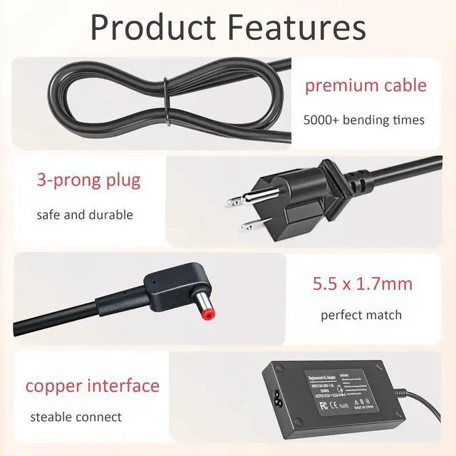 Alt view image 3 of 5 - 180W Charger Compatible with Acer Nitro 5 7 Gaming Laptop AN515-44 AN515-51 AN515-55 AN517-51 AN715-52 Predator Helios 300 G3-571 G3-572 PH315-52 PH317-51 Triton 300 PT314-51 PT315-52 Aspire A715