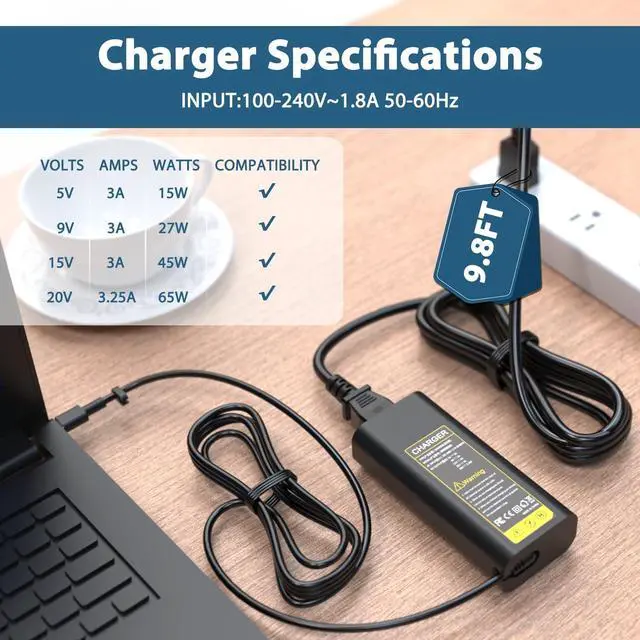 Alt view image 2 of 6 - 65W Type C USB C Laptop Charger for Dell Latitude Computer 5530 5540 5430 7430 7440 5440 5420 3540 5520 7420 5450 7450,for Dell Insprion 14 167420 7425 2-in-1 XPS 13 Chromebook 3100 Power Adapter Cord