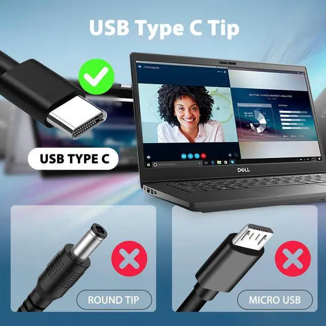 Alt view image 5 of 6 - 65W Type C USB C Laptop Charger for Dell Latitude Computer 5530 5540 5430 7430 7440 5440 5420 3540 5520 7420 5450 7450,for Dell Insprion 14 167420 7425 2-in-1 XPS 13 Chromebook 3100 Power Adapter Cord