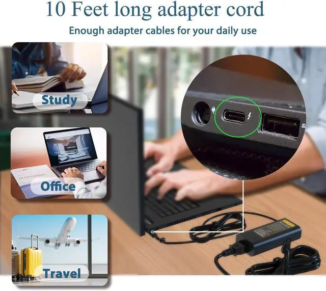 Alt view image 6 of 6 - 65W Type C USB C Laptop Charger for Dell Latitude Computer 5530 5540 5430 7430 7440 5440 5420 3540 5520 7420 5450 7450,for Dell Insprion 14 167420 7425 2-in-1 XPS 13 Chromebook 3100 Power Adapter Cord