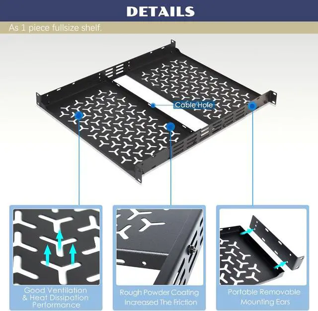 Alt view image 4 of 6 - 1U Rack Shelves (2-Pack), 2 PCS 10" Deep Cantilever, with Optional Joints to Combine as One Full Size Server Rack Shelf