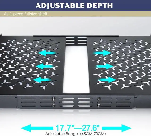 Alt view image 3 of 6 - 1U Rack Shelves (2-Pack), 1 PCS 6" Deep Cantilever & 1 PCS 12" Deep Cantilever, with Optional Joints to Combine as One Full Size Server Rack Shelf