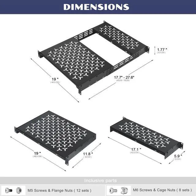 Alt view image 2 of 6 - 1U Rack Shelves (2-Pack), 1 PCS 6" Deep Cantilever & 1 PCS 12" Deep Cantilever, with Optional Joints to Combine as One Full Size Server Rack Shelf