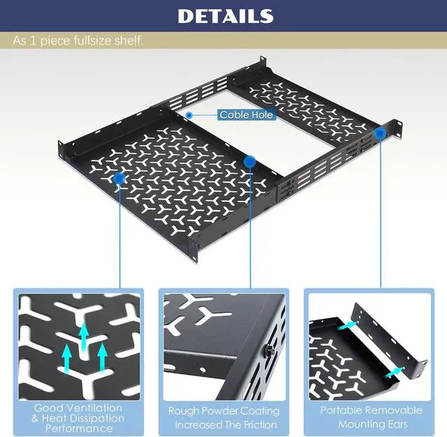 Alt view image 4 of 6 - 1U Rack Shelves (2-Pack), 1 PCS 6" Deep Cantilever & 1 PCS 12" Deep Cantilever, with Optional Joints to Combine as One Full Size Server Rack Shelf
