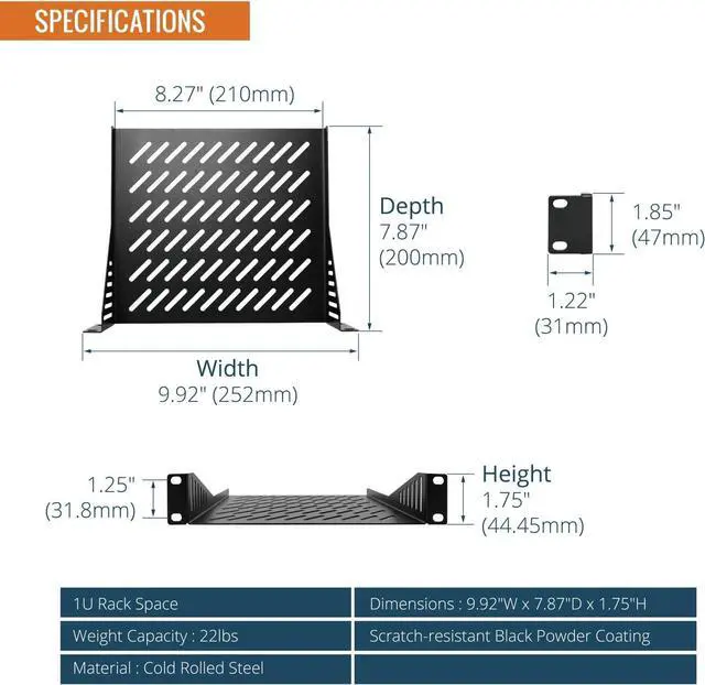 Alt view image 2 of 6 - Tecmojo 1U Rack Mount Shelf for 10" Server Rack, 7.87" Deep Vented Cantilever Tray, Metal Shelf for Network Cabinet, Server Enclosure, Enhanced Airflow, Black