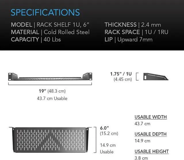 Alt view image 6 of 6 - AC Infinity Vented Cantilever 1U Universal Rack Shelf, 6" Deep, for 19 Equipment Racks. Heavy-Duty 2.4mm Cold Rolled Steel, 40lbs Capacity