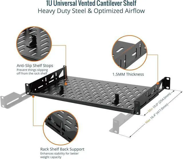 Alt view image 3 of 7 - Tecmojo 1U Rack Shelf,19 inch,Server Rack Shelf 10 inch Depth,Rack Mount Shelf with Anti-Slip Stops,Network Shelves for 19 in Equipments, 110lbs Capacity of Vented 1U Shelf,No Lip(2 Pack)