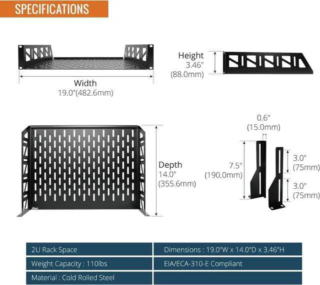 Alt view image 2 of 7 - Tecmojo 2U Rack Shelf,19 inch Server Rack Shelf 14 inch Depth,Weight Capacity 110Lbs/50kg,Rack Mount Shelf for 19" Network Racks & Cabinets,with Complete Accessories (2Pack)