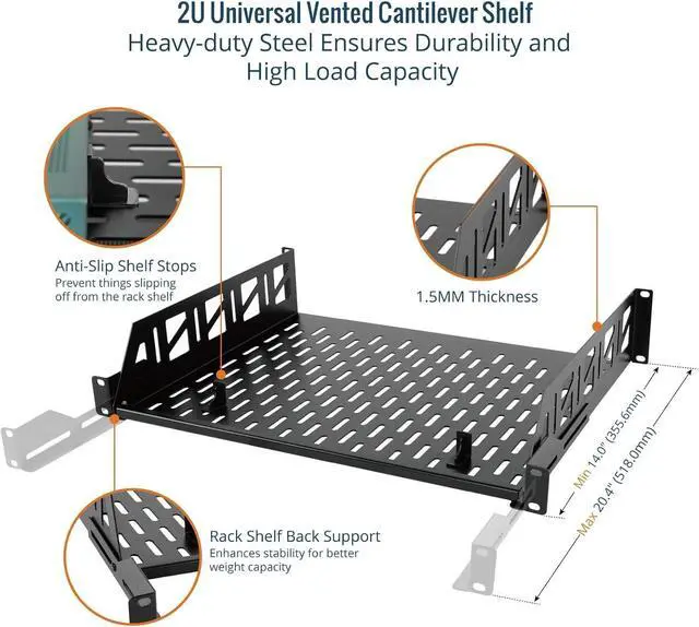 Alt view image 3 of 7 - Tecmojo 2U Rack Shelf,19 inch Server Rack Shelf 14 inch Depth,Weight Capacity 110Lbs/50kg,Rack Mount Shelf for 19" Network Racks & Cabinets,with Complete Accessories (2Pack)