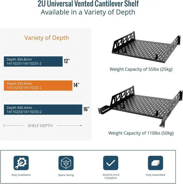 Alt view image 6 of 7 - Tecmojo 2U Rack Shelf,19 inch Server Rack Shelf 14 inch Depth,Weight Capacity 110Lbs/50kg,Rack Mount Shelf for 19" Network Racks & Cabinets,with Complete Accessories (2Pack)