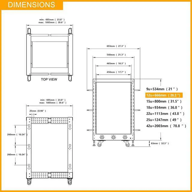 Alt view image 5 of 6 - RIVECO 12U 19 Adjustable Depth Server Rack Support Up to 1700LBS Floor Standing 4 Post Rack with L Rails & Load-Bearing Casters Universal for Network Equipment Black