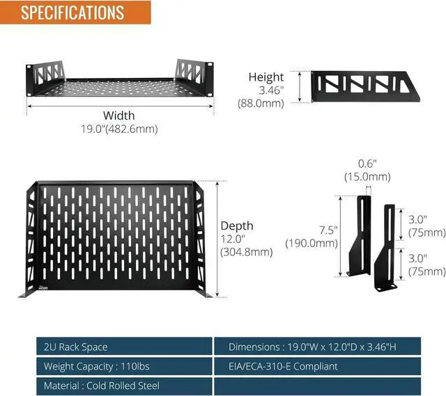 Alt view image 2 of 7 - Tecmojo 2U Rack Shelf,19 inch Server Rack Shelf 12 inch Depth,Weight Capacity 110Lbs/50kg,Rack Mount Shelf for 19" Network Racks & Cabinets,with Complete Accessories (2Pack)