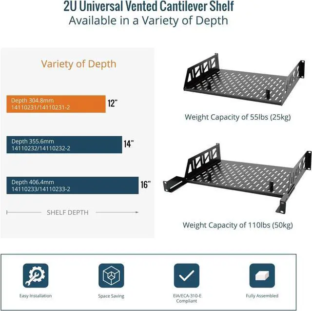 Alt view image 6 of 7 - Tecmojo 2U Rack Shelf,19 inch Server Rack Shelf 12 inch Depth,Weight Capacity 110Lbs/50kg,Rack Mount Shelf for 19" Network Racks & Cabinets,with Complete Accessories (2Pack)