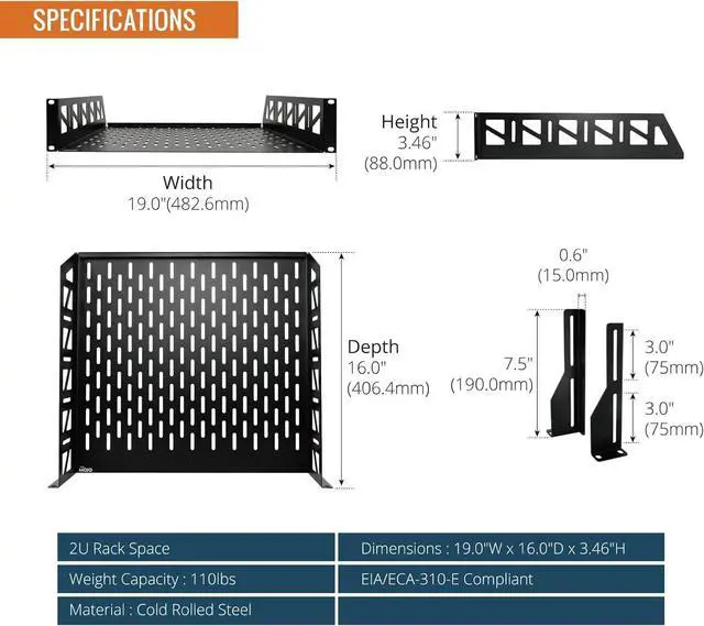 Alt view image 2 of 7 - Tecmojo 2U Rack Shelf,19 inch Server Rack Shelf 16 inch Depth,Weight Capacity 110Lbs/50kg,Rack Mount Shelf for 19" Network Racks & Cabinets,with Complete Accessories