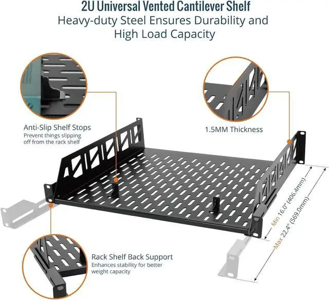 Alt view image 3 of 7 - Tecmojo 2U Rack Shelf,19 inch Server Rack Shelf 16 inch Depth,Weight Capacity 110Lbs/50kg,Rack Mount Shelf for 19" Network Racks & Cabinets,with Complete Accessories