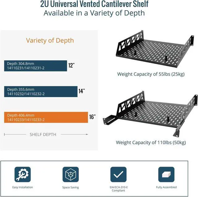 Alt view image 6 of 7 - Tecmojo 2U Rack Shelf,19 inch Server Rack Shelf 16 inch Depth,Weight Capacity 110Lbs/50kg,Rack Mount Shelf for 19" Network Racks & Cabinets,with Complete Accessories