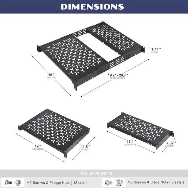 Alt view image 2 of 6 - 1U Rack Shelves (2-Pack), 1 PCS 8" Deep Cantilever & 1 PCS 12" Deep Cantilever, with Optional Joints to Combine as One Full Size Server Rack Shelf