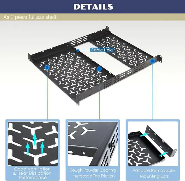Alt view image 4 of 6 - 1U Rack Shelves (2-Pack), 1 PCS 8" Deep Cantilever & 1 PCS 12" Deep Cantilever, with Optional Joints to Combine as One Full Size Server Rack Shelf