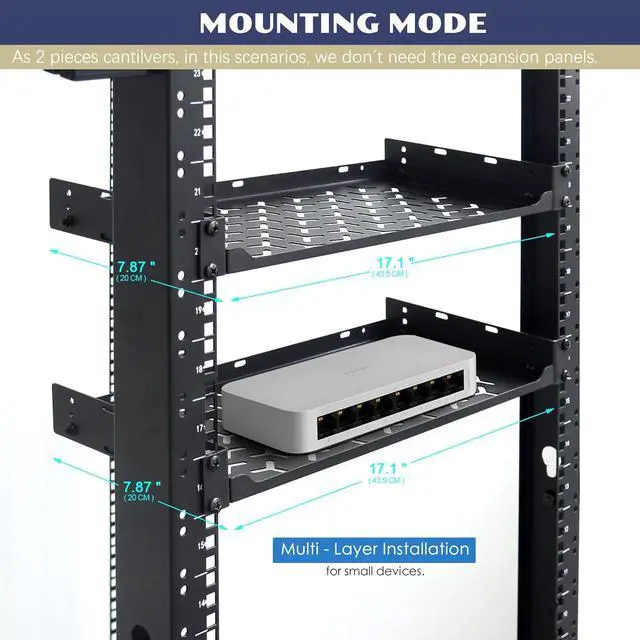Alt view image 5 of 6 - 1U Rack Shelves (2-Pack), 1 PCS 8" Deep Cantilever & 1 PCS 12" Deep Cantilever, with Optional Joints to Combine as One Full Size Server Rack Shelf