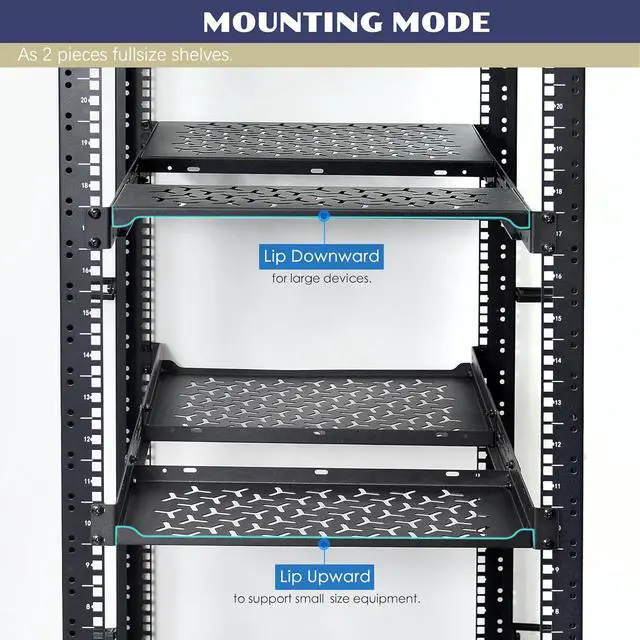 Alt view image 6 of 6 - 1U Rack Shelves (2-Pack), 1 PCS 8" Deep Cantilever & 1 PCS 12" Deep Cantilever, with Optional Joints to Combine as One Full Size Server Rack Shelf