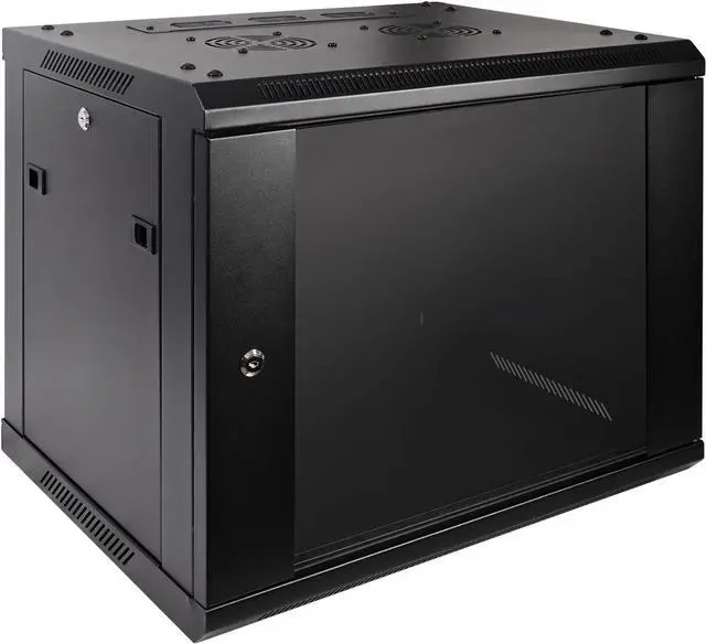 Main image of RackPath 9U Professional Wall Mount Server Cabinet Network Rack Enclosure with 2X Quiet Cooling Fan, 1x Brush Cable Management Panel, Black