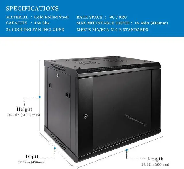 Alt view image 2 of 6 - RackPath 9U Professional Wall Mount Server Cabinet Network Rack Enclosure with 2X Quiet Cooling Fan, 1x Brush Cable Management Panel, Black