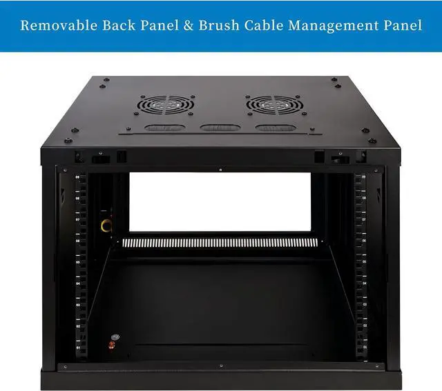 Alt view image 3 of 6 - RackPath 9U Professional Wall Mount Server Cabinet Network Rack Enclosure with 2X Quiet Cooling Fan, 1x Brush Cable Management Panel, Black
