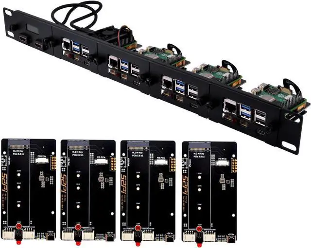Main image of GeeekPi 19 inch 1U Rack Mount for Raspberry Pi 5, with 4PCS PCIe to M.2 NVMe SSD Adapters and OLED Display, Compatible with 19 Inch Server Rack