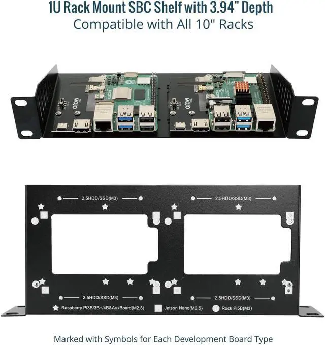 Alt view image 3 of 6 - Tecmojo 1U Rack Mount SBC Shelf, 3.98" Depth, Supports Raspberry Pi/Jetson Nano and 2.5" HDD/SSD, for 10" Server Rack & Network Cabinet, Black