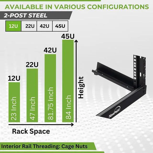 Alt view image 3 of 6 - NavePoint 12U 19 Inch Desktop Open Frame 2 Post Server Desk Rack Free Standing W/Hardware