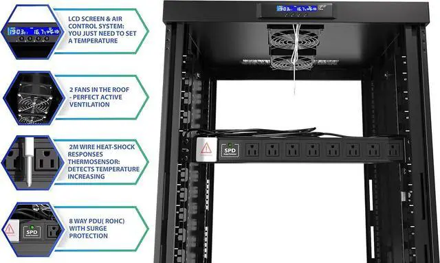 Alt view image 6 of 7 - Server Rack Locking Cabinet Network Enclosure Premium Series for Server AV Networking Computer and Other IT Equipment - 35-inch Depth - Thermosystem/LCD Screen (18U)