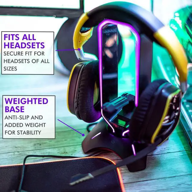Alt view image 3 of 7 - Tilted Nation Gaming Headset Stand | RGB Headphone Stand for Desk with Mouse Bungee and USB Hub (Cool and Clean Setup) Gaming Headset Holder - Perfect Gamer Gift Accessory