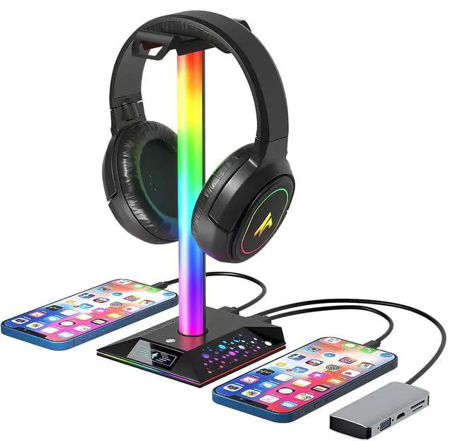 Main image of Gaming Headphone Stand PC Accessories - RGB Headset Stand with 2 USB Charger, Cool LED Headphone Holder PC Gaming Accessories Gift for Boys Men Gamers, Computer Game Hardware for Desk