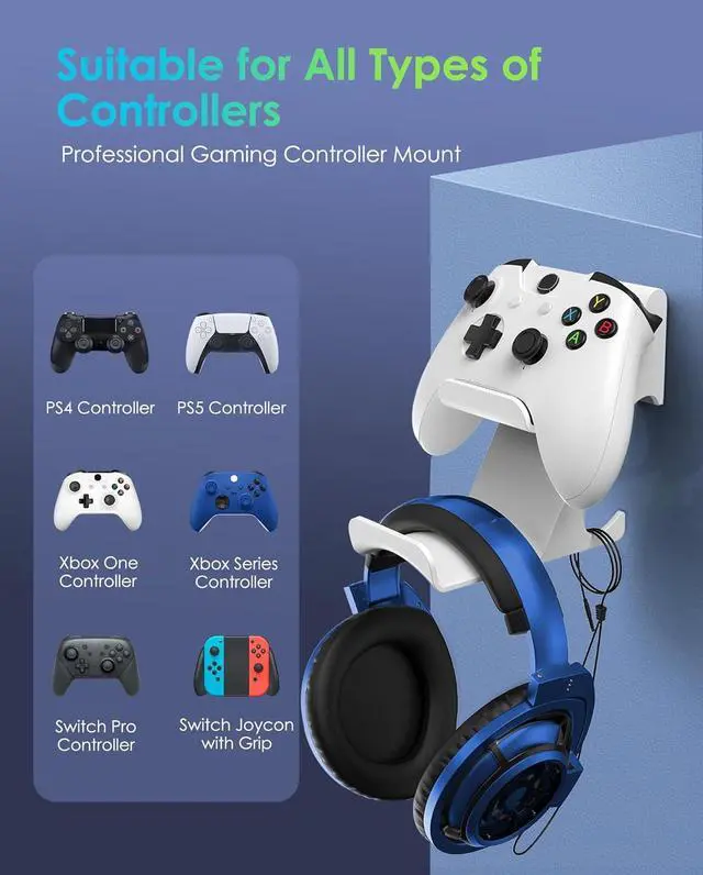 Alt view image 3 of 7 - 6amLifestyle Controller and Headphone Wall Mount Holder Stand with Cord Hanger for PS5 PS4 Xbox One Switch Pro Gamepad Controller Hook Strong Adhesive/Screws, White