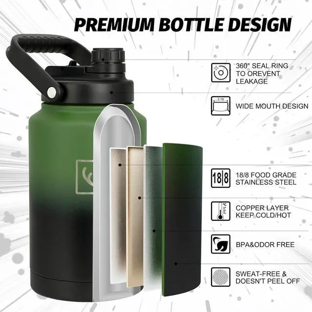 Alt view image 3 of 7 - NATURE PIONEOR One Gallon Water Bottle Insulated - Large Double Vacuum Stainless Steel 128 oz Water Bottle with Holder/Carrier, 1 Gallon Water Jug 2 in 1 LID, Flip Straw and Spout, Wide Mouth