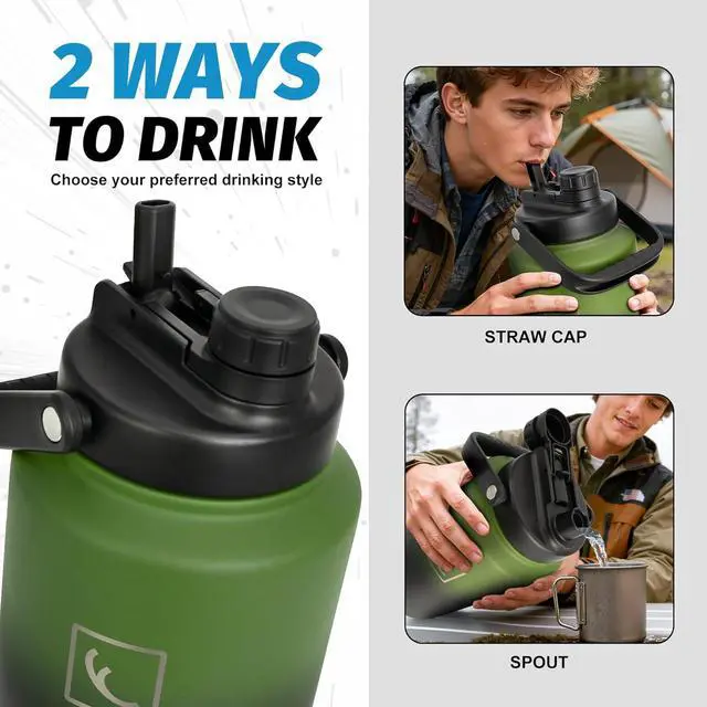 Alt view image 4 of 7 - NATURE PIONEOR One Gallon Water Bottle Insulated - Large Double Vacuum Stainless Steel 128 oz Water Bottle with Holder/Carrier, 1 Gallon Water Jug 2 in 1 LID, Flip Straw and Spout, Wide Mouth