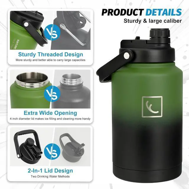 Alt view image 7 of 7 - NATURE PIONEOR One Gallon Water Bottle Insulated - Large Double Vacuum Stainless Steel 128 oz Water Bottle with Holder/Carrier, 1 Gallon Water Jug 2 in 1 LID, Flip Straw and Spout, Wide Mouth