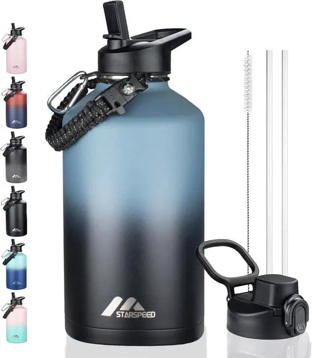 Main image of StarSpeed 64oz Insulated Water Bottle with Straws & 2 Lids, Half Gallon Stainless Steel Double Walled Vacuum Water Jug, Large Wide Mouth with Paracord Handle for Gym Camping Hiking, Indigo Black
