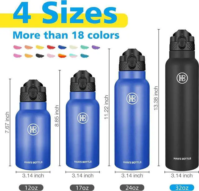 Alt view image 2 of 7 - Han's Bottle Sports Water Bottle - 32 Oz, Straw Lid, Leak Proof, Vacuum Insulated Stainless Steel, Double Walled, Thermo Mug,Black