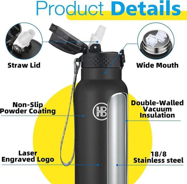 Alt view image 5 of 7 - Han's Bottle Sports Water Bottle - 32 Oz, Straw Lid, Leak Proof, Vacuum Insulated Stainless Steel, Double Walled, Thermo Mug,Black