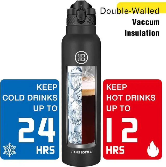 Alt view image 6 of 7 - Han's Bottle Sports Water Bottle - 32 Oz, Straw Lid, Leak Proof, Vacuum Insulated Stainless Steel, Double Walled, Thermo Mug,Black