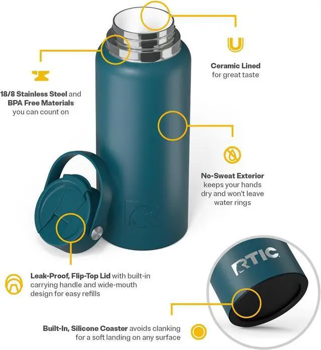 Alt view image 4 of 6 - RTIC 32oz Outback Bottle, Ceramic Lined, Insulated, Stainless Steel, Metal, Double Wall Vacuum-Insulation, Leak-Proof Lid, BPA-Free Water Flask Hiking, Running, Sports, Outdoor, Marine