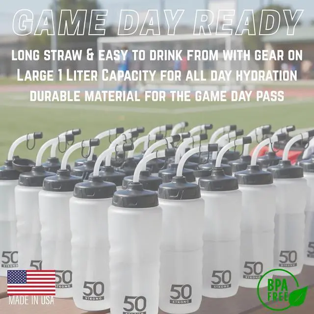 Alt view image 2 of 7 - 50 Strong 1 Liter Water Bottle with Straw  18-Pack Easy-Squeeze Sports Bottles with Long Straw & Built-In Finger Grip  BPA-Free & Made in USA  Ideal for Hockey & Team Sports